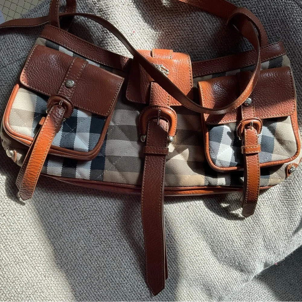 BURBERRY Satchel Canvas Check Shoulder Bag Caramel - Picture 9 of 15